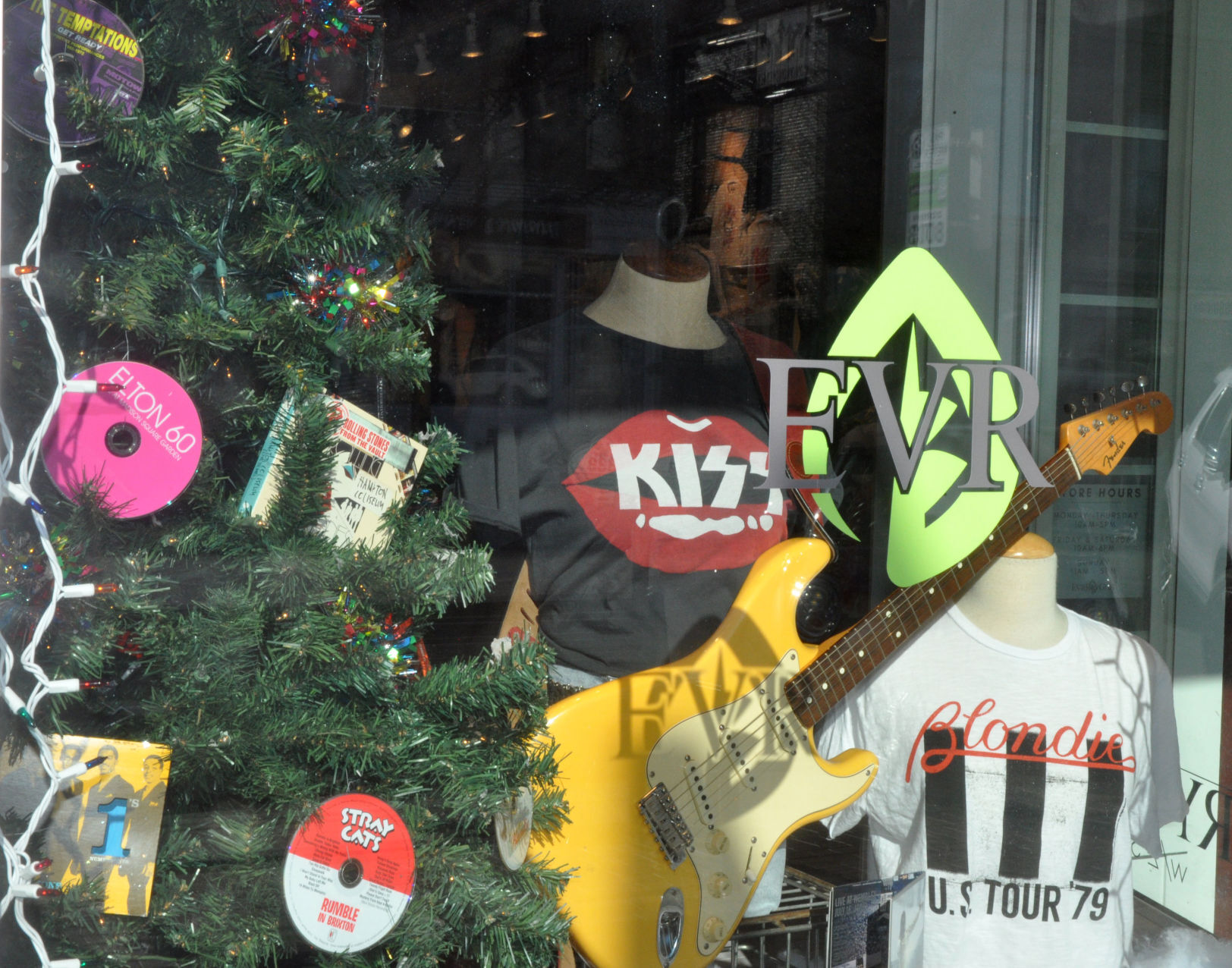 Evr Dry Gds, 741 W. Main St., decided to rock out this year with their window display by decorating a Christmas tree with compact discs